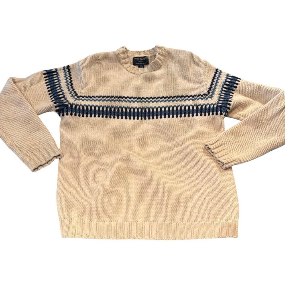 America Eagle Vintage Y2K 90s ski Mens Lambswool stripe cream blue sweater sz S